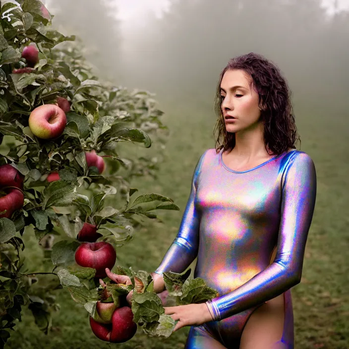 Prompt: a closeup portrait of a woman wearing a muddy iridescent holographic leotard, picking apples from a tree in an orchard, foggy, moody, photograph, by vincent desiderio, canon eos c 3 0 0, ƒ 1. 8, 3 5 mm, 8 k, medium - format print