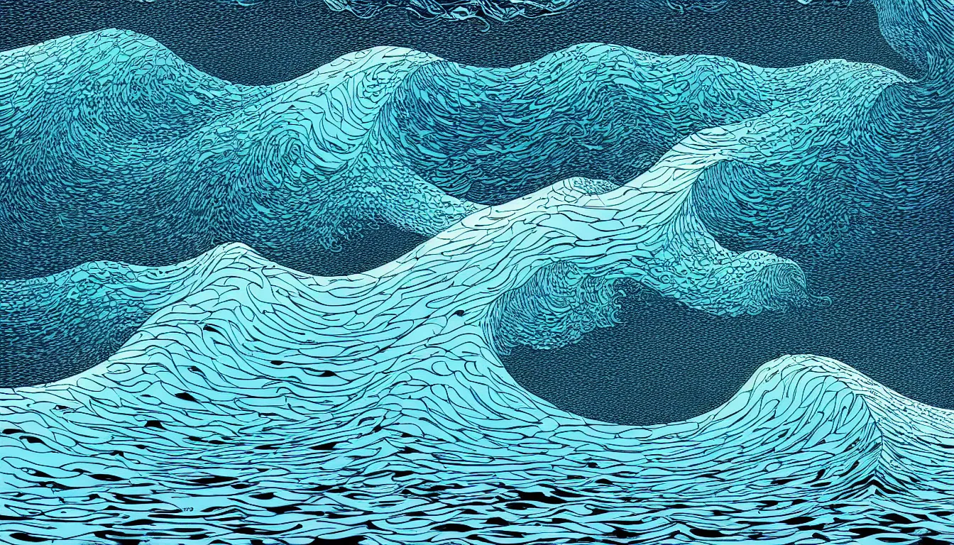 Prompt: minimalist ocean wave by nicolas delort, moebius, victo ngai, josan gonzalez, kilian eng