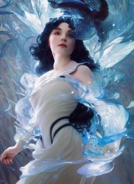 Image similar to snow white, white splash aura in motion, floating pieces, painted art by tsuyoshi nagano, greg rutkowski, artgerm, alphonse mucha, spike painting