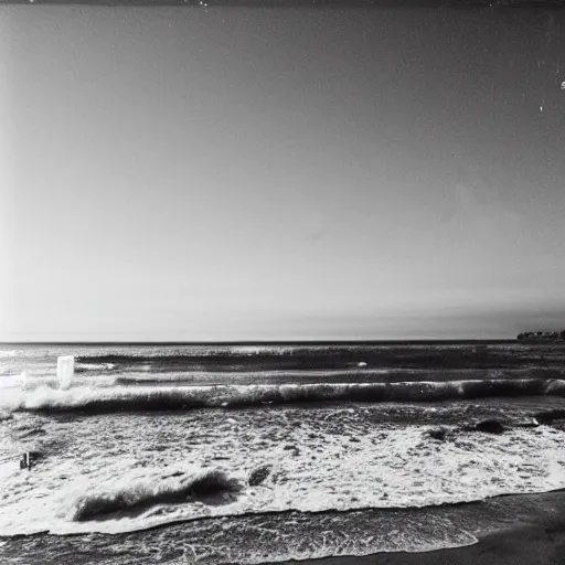 Prompt: california beach sunset on expired film, shot with an analog camera, drained of colour, looking out at the ocean, photography