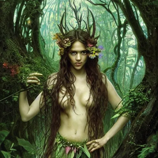 Prompt: head and shoulders portrait of a flowering fey fairy warlock portrayed by young jessica alba, in a magical forest, d & d, fantasy, luis royo, magali villeneuve, donato giancola, wlop, krenz cushart, hans zatka, klimt, alphonse mucha