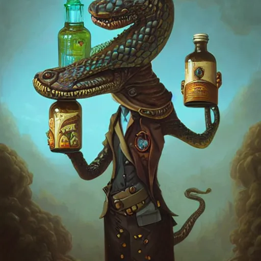 Prompt: a grinning anthropomorphic snake selling bottles of medicine, fantasy, steampunk, peter mohrbacher