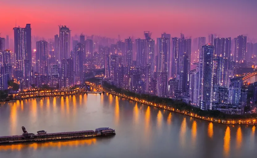 Prompt: a photo of wuhan, river, sunset, purple sky, cinematic, 8 k, highly - detailed