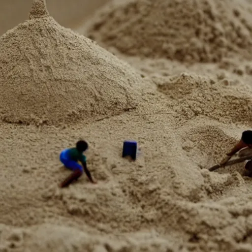 Image similar to a photo of tiny men constructing taj mahal made of sand