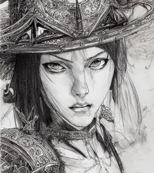 Image similar to portrait of anime woman wearing witch hat in armor, pen and ink, intricate line drawings, by craig mullins, ruan jia, kentaro miura, greg rutkowski, loundraw