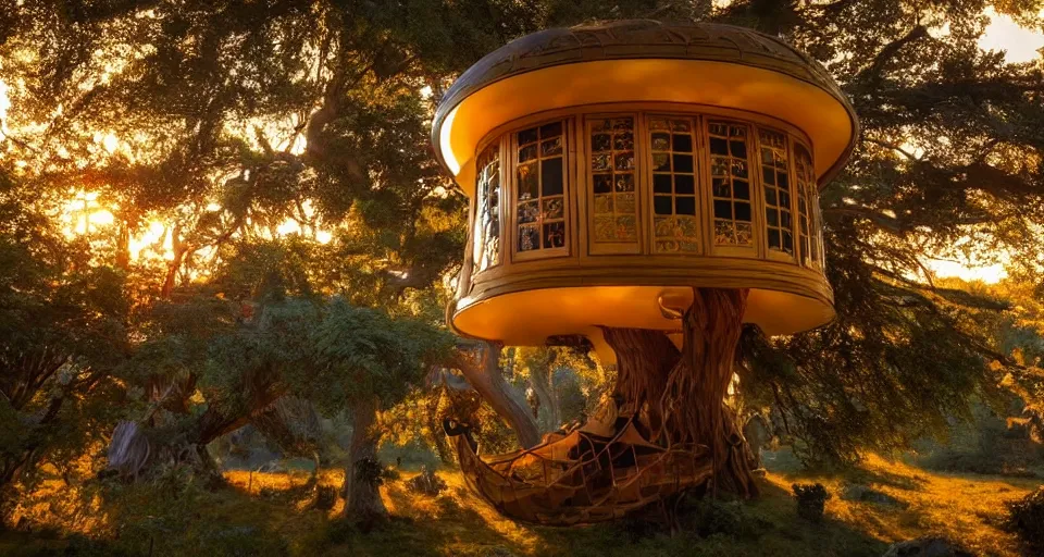 Image similar to An incredibly beautiful scene from a 2022 sci-fi film featuring a cozy art nouveau reading nook inside a fantasy treehouse. Golden Hour. 8K UHD.