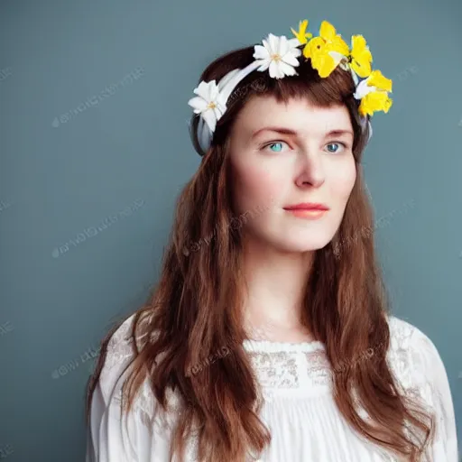 Prompt: a portrait of beautiful nordic woman wearing a white folkdrakt dress. wearing headband of small yellow flowers. teal blue background