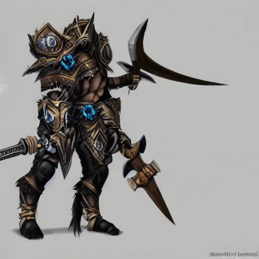 Image similar to minotaur tauren warrior, black fur blue eyes, plate armor battle axe, fantasy concept art