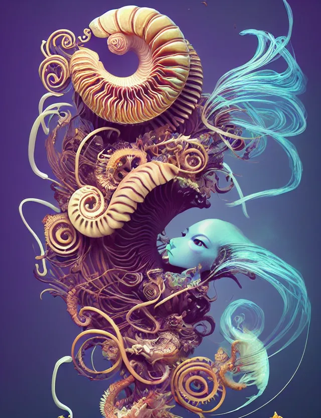 Image similar to 3 d goddess nautilus half - turn portrait with long hair with ram skull. beautiful intricately detailed japanese crow kitsune mask and clasical japanese kimono. betta fish, jellyfish phoenix, bio luminescent, plasma, ice, water, wind, creature, artwork by tooth wu and wlop and beeple and greg rutkowski