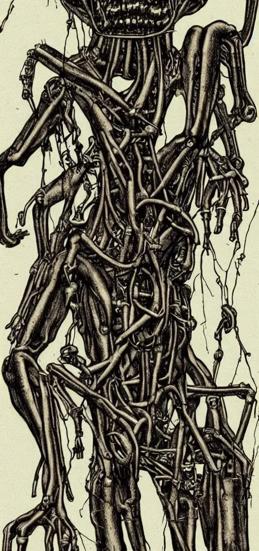 Prompt: creepy long humanoid with steel parts extending from its body at random points, body horror, scary, dark, creepy