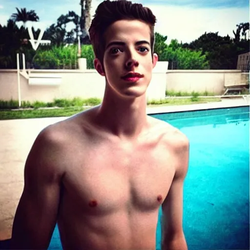 Image similar to “a realistic detailed photo of a guy who is an attractive humanoid who is half robot and half humanoid, who is a male android, actor Grant Gustin, shiny skin, posing like a statue, blank stare, by the pool, on display”