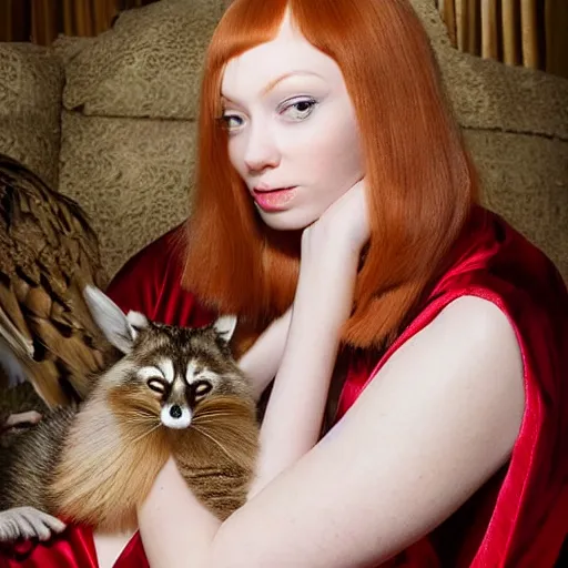 Image similar to a stunning hyper-detailed photo of a slender beautiful woman with straight long ginger hair and bangs, wearing a luxurious silk robe, wearing headphones and posing with her large ginger tabby cat and raccoon and parrots in a red overstuffed easy chair in her Victorian living room, holding a porcelain parrot-shaped coffee mug and a donut, perfect eyes, fashion photography, dramatic cinematic lighting, octane render, IBEX Masters, unreal engine, 85 mm lens, paisley wallpaper