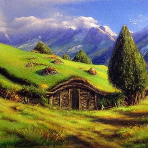 Prompt: the shire from the lord of the rings, by david mann, painting, beautiful