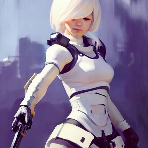 Image similar to greg manchess portrait painting of a 2 yorha type a no. 2 as overwatch character!! holding a sword!!, white long hair, organic painting, sunny day, matte painting, bold shapes, hard edges, street art, trending on artstation, by huang guangjian and gil elvgren and sachin teng