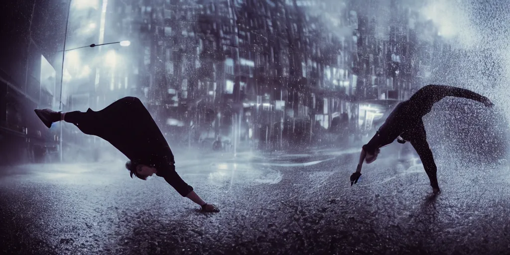 Image similar to fisheye lens slow motion with trail effect of futuristic break dancer wearing floating long dress, long exposure shot , at night in the middle of a rainy street, paddle of water, steam, fog, water splashes, rim lights, glossy reflections, water droplets on lens, octane render, dark and dramatic, explosion in the background, tongues of fires, detailed and soft, fisheye lens, smooth, sharp focus, illustration, art by artgerm and greg rutkowski