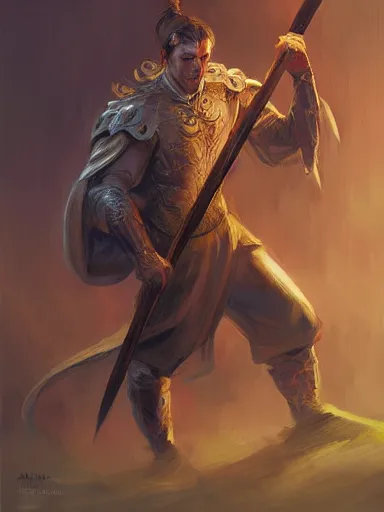 Prompt: a man wielding a quarterstaff in a posture ready to fight. intricate, elegant, highly detailed, digital painting, artstation, concept art, sharp focus, illustration, by justin gerard and artgerm, 8 k