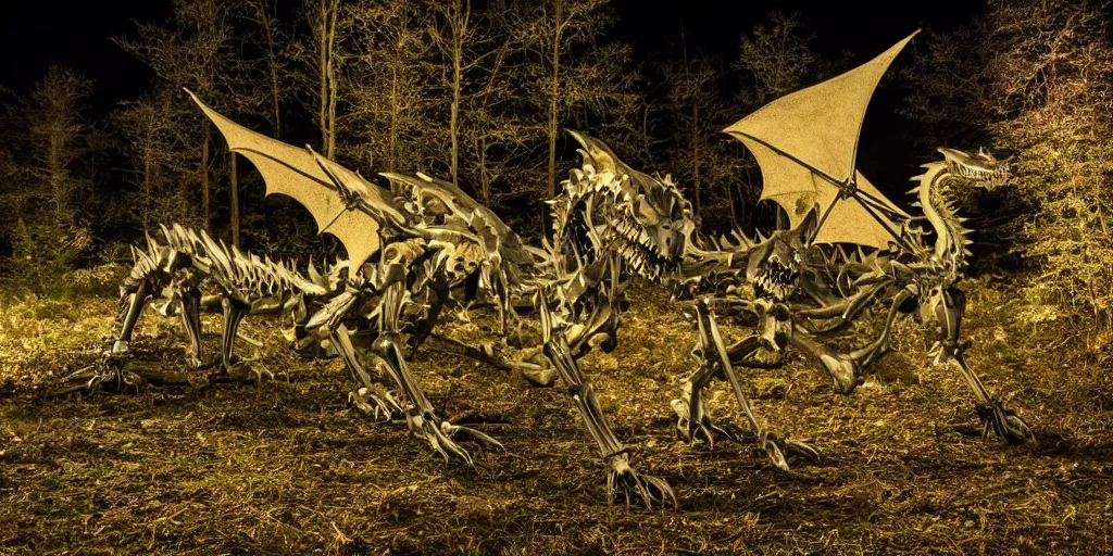 Image similar to mysterious dragon skeleton at night, in the forest