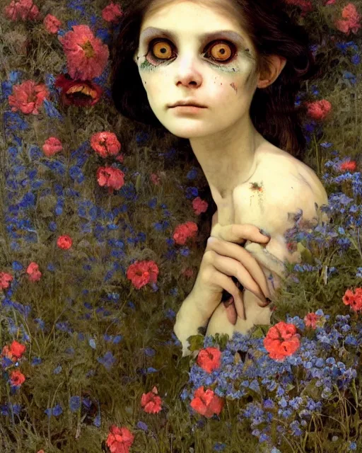 Prompt: a pretty but sinister and creepy goblin in layers of fear, with haunted eyes, violence in her eyes, 1 9 7 0 s, seventies, delicate embellishments, a little blood, woodland, blue dawn light shining on wildflowers, painterly, offset printing technique, by alexandre cabanel, mary jane ansell