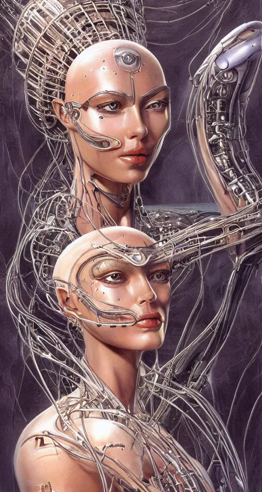 Image similar to a robotic goddess with transparent skin, robotic a fine wiring skeleton, highly detailed, digital painting, smooth, sharp, beautiful face, expressive eyes, highly intricate, art by Boris Vallejo and H.R. Giger