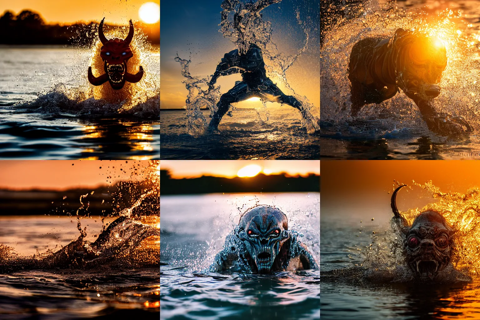 Prompt: cyber demon running through water in slow motion with the sun setting in the background, golden hour, 4k, animal, nature, Sony A7R III, 85mm, f/1.8, 2018