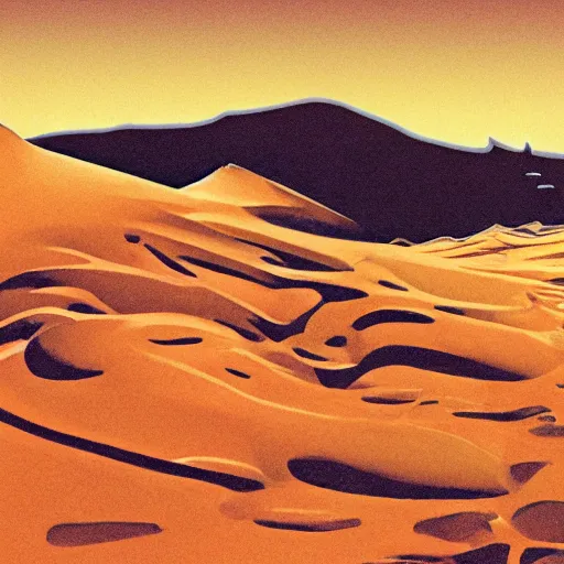 Prompt: mars dunes landscape, 8 0 s scifi art, in the style of bonestell chesley