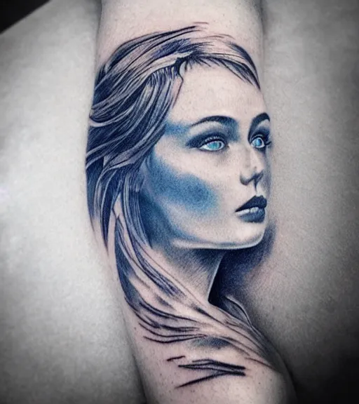 Image similar to tattoo design sketch of a beautiful blue - eyed woman face with a faded background of beautiful mountains and nature on her side, hyper - realistic, in the style of den yakovlev, amazing detail, black and white