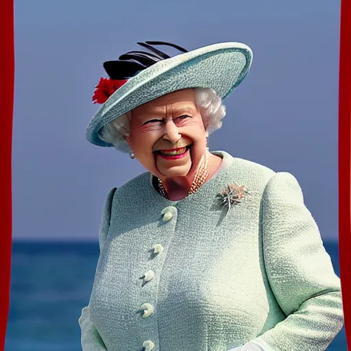 Prompt: Queen Elizabeth as a beach bum