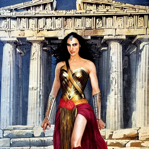 Image similar to Full body oil painting of the beautiful woman Gal Gadot, she is wearing some withe ancient roman cloths and a surreal ornate, her hair is natural disheveled, she is approaching heaven, she is in the Parthenon in Athens while people are claiming for her, she is attracting lightnings, naturalism, dramatic lighting, high-detailed oil painting by Ilya Repin, Michelangelo da Caravaggio, William Blake, Alex Grey and Beksinski, trending on Artsatio, hystorical painting, masterpiece, 4k, 8k,