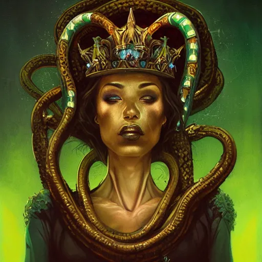 Image similar to portrait of a necromancer queen with a crown of snakes, dark skin, looking up, kneeling, despair, dramatic lighting, blue and green, by Anato Finnstark, Tom Bagshaw, Brom