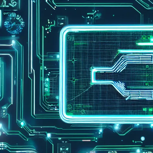 Image similar to futuristic signals, FUI, HUD, futuristic holographic UI floating over microchip paradise of circuitry and futuristic technology