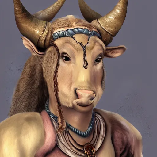 Prompt: fantasy portrait of a friendly female Minotaur mother, concept art