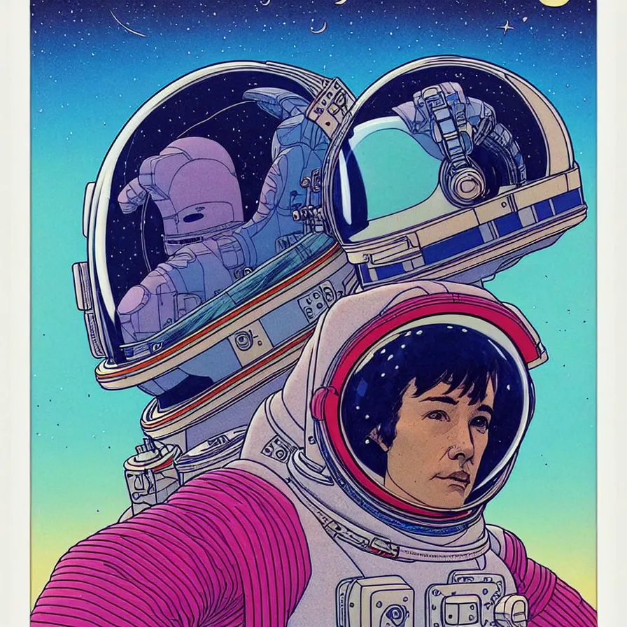 Prompt: ( ( ( ( an astronaut bust shot, with decorative frame design ) ) ) ) by mœbius!!!!!!!!!!!!!!!!!!!!!!!!!!!, overdetailed art, colorful, artistic record jacket design