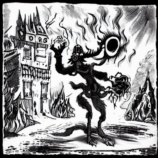 Image similar to repressed emotional monsters and creatures starting a fiery revolution in the psyche, in the style of vintage black and white Fleischer cartoons