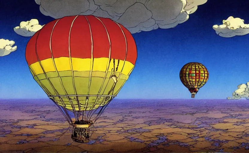 Image similar to steampunk hot air balloon flying through a double rainbow, detailed digital concept art, 4 k movie still, comic book full page by studio ghibli and winsor mccay
