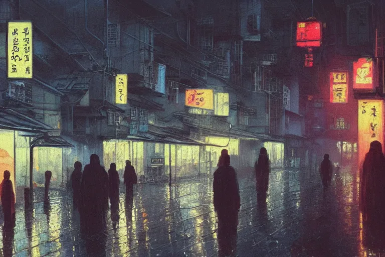 Image similar to a painting of a rain soaked back street in osaka at dusk, neon lights, dark figures walking, digital art, trending on artstation, by studio ghibli and greg rutkowski. zdzisław beksinski, spirited away. trending on artstation, hyperrealism, unreal engine