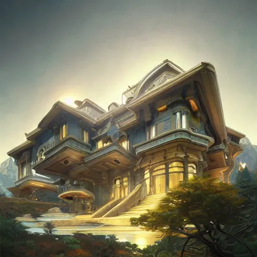 Prompt: Ultra realistic illustration of Futuristic Modern Mansion in the mountains , sci-fi, fantasy, intricate, elegant, highly detailed, digital painting, artstation, concept art, smooth, sharp focus, illustration, dramatic lighting, art by artgerm and greg rutkowski and alphonse mucha