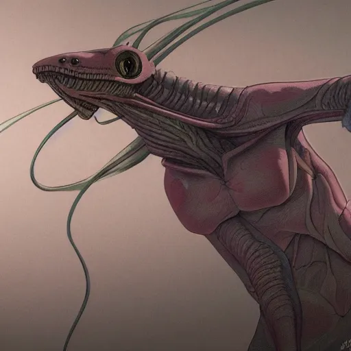 Image similar to concept art painting of an alien animal creature, detailed, cel shaded, in the style of makoto shinkai and moebius and wayne barlowe and james gurney