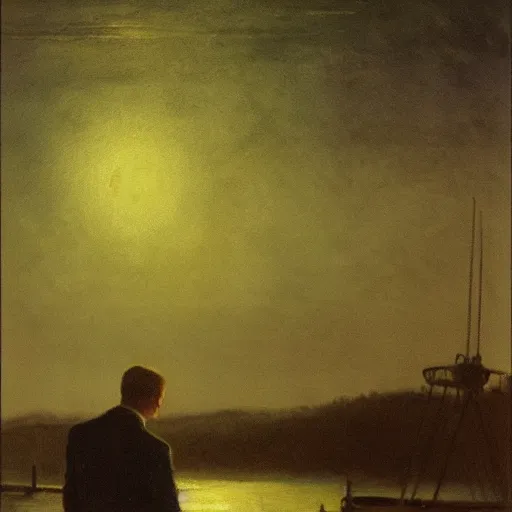 Image similar to gatsby on his dock at night, looking at the dim green light across the water, realism, detailed, atmospheric,