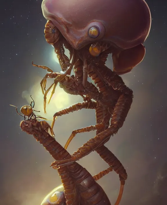 Image similar to portrait of an alien insect fungus creature, adorable, childlike, milky way environment, ultra realistic, concept art, cheerful, photorealistic, octane render, 8 k, unreal engine. art by christopher marley and artgerm and greg rutkowski and alphonse mucha