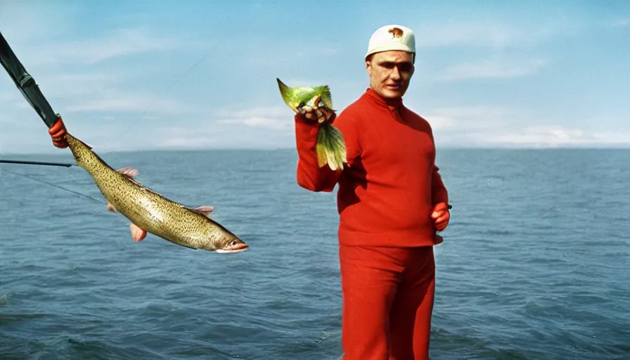 Prompt: 7 0 s movie still of putin in fetish outfit, proudly holding a salmon on a fishing trip in siberia. cinestill 8 0 0 t _ 3 5 mm eastmancolor, heavy grain, high quality, high detail