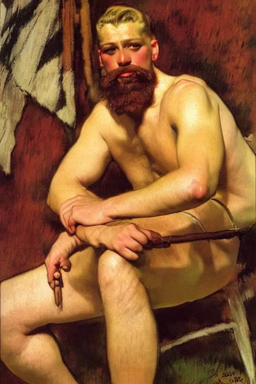 Prompt: attractive male, viking, painting by j. c. leyendecker, edgar degas