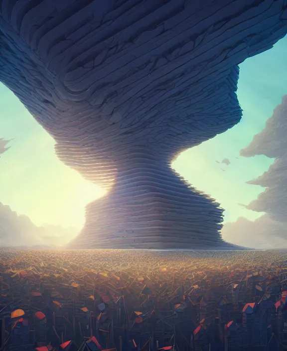 Image similar to minimalist building made from exotic fungus, crowds of people, by dan mumford, yusuke murata, makoto shinkai, ross tran, cosmic, hellish, god rays, cinematic, unreal engine, cel shaded, featured on artstation, pixiv