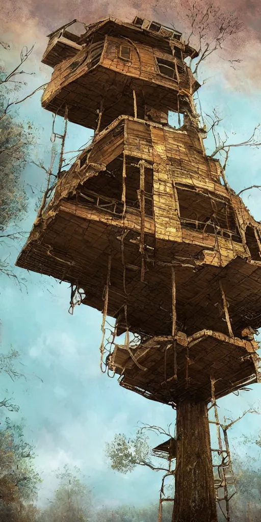 Image similar to tree house on a rusty broken building constructions of a giant upside - down spiral edgy staircase, leading to the sky, the ruins, in the steppe, autumn field, misty background, from the game pathologic 2, highly detailed, sharp focus, matte painting, by isaac levitan and asher brown durand,