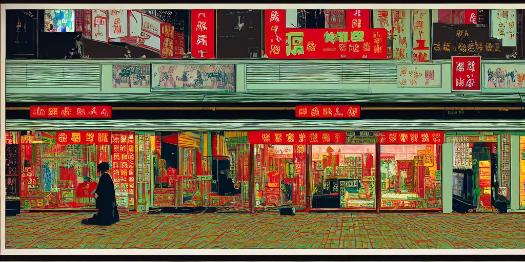 Image similar to a shop window in hong kong, by dan mumford and peter doig and edward hopper, minimal, black in, thick lines highly detailed, muted colours, overlaid with chinese adverts, 8 k