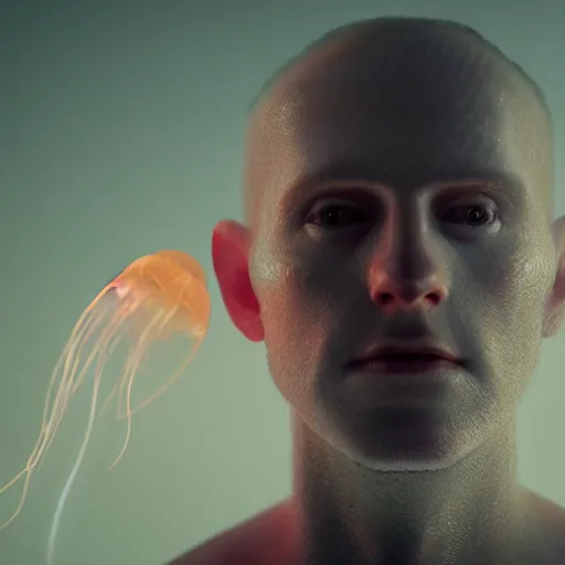 Prompt: portrait film still of a man floating with glowing jellyfish from the movie prometheus. octane render. cinematic. mamiya. medium format. caustics. f 4. chromatic aberration.