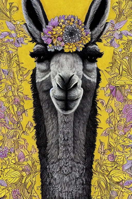 Prompt: Anthro Llama Portrait, magical, flowers, castleton yellow highlights, detailed intricate ink illustration, Llama, dark atmosphere, detailed illustration, hd, 4k, digital art, overdetailed art, concept art, art noveau, Llama, Trending on artstation, deviantart, watched, faved, read