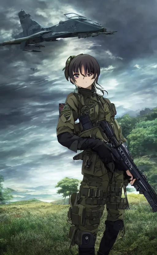 Image similar to girl, trading card front, future soldier clothing, future combat gear, realistic anatomy, concept art, professional, by ufotable anime studio, green screen, volumetric lights, stunning, military camp in the background, metal hard surfaces, focus on generate the face, one eye is closed