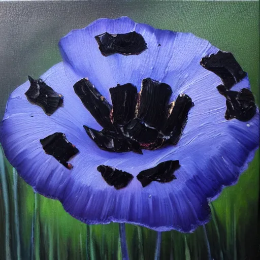 Image similar to black blue and purple papaver flower, oil painting