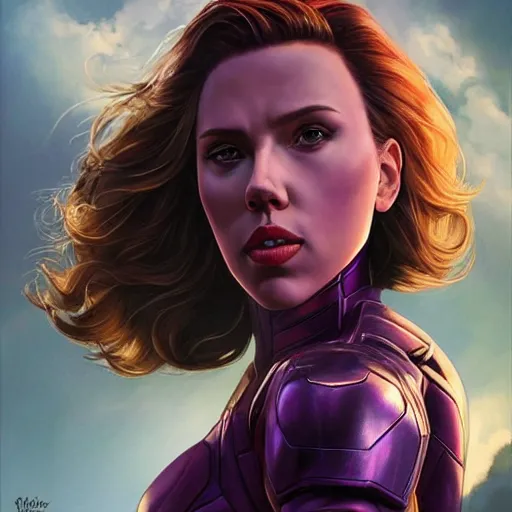 Image similar to scarlett johansson as thanos, feminine beautiful muscular fitness model wearing armor, very dark purple skin, red lips, super very strong jaw, shredded abs, pin up, attractive, highly detailed full body portrait, pretty face, elegant, breathtaking art, concept art, by artgerm and ilya kuvshinov