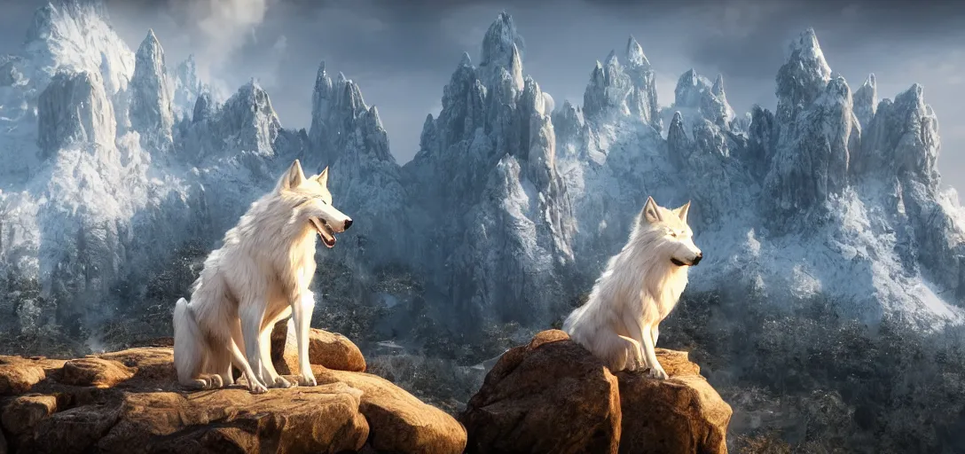 Image similar to Magic white spirit wolf watches from a cliff the Snowy Mountains with golden temples on the peaks. cgsociety, fantasy illustration, magic and power of the wolf. ArtStation, octane render